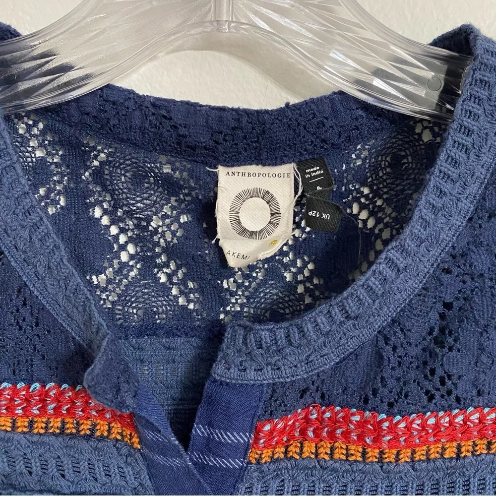 Akemi+Kin Anthropologie Navy Plaid Button-Up Blouse with Embroidered Details 8P - Picture 4 of 6